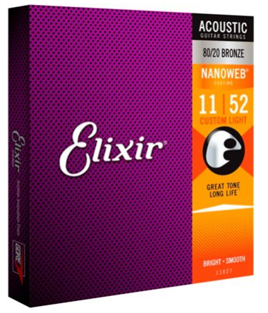 Elixir Nanoweb Custom Light 80/20 Bronze Acoustic Guitar Strings, 11-52