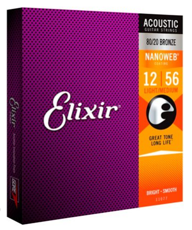 Elixir Nanoweb Light-Medium 80/20 Bronze Acoustic Guitar Strings, 12-56